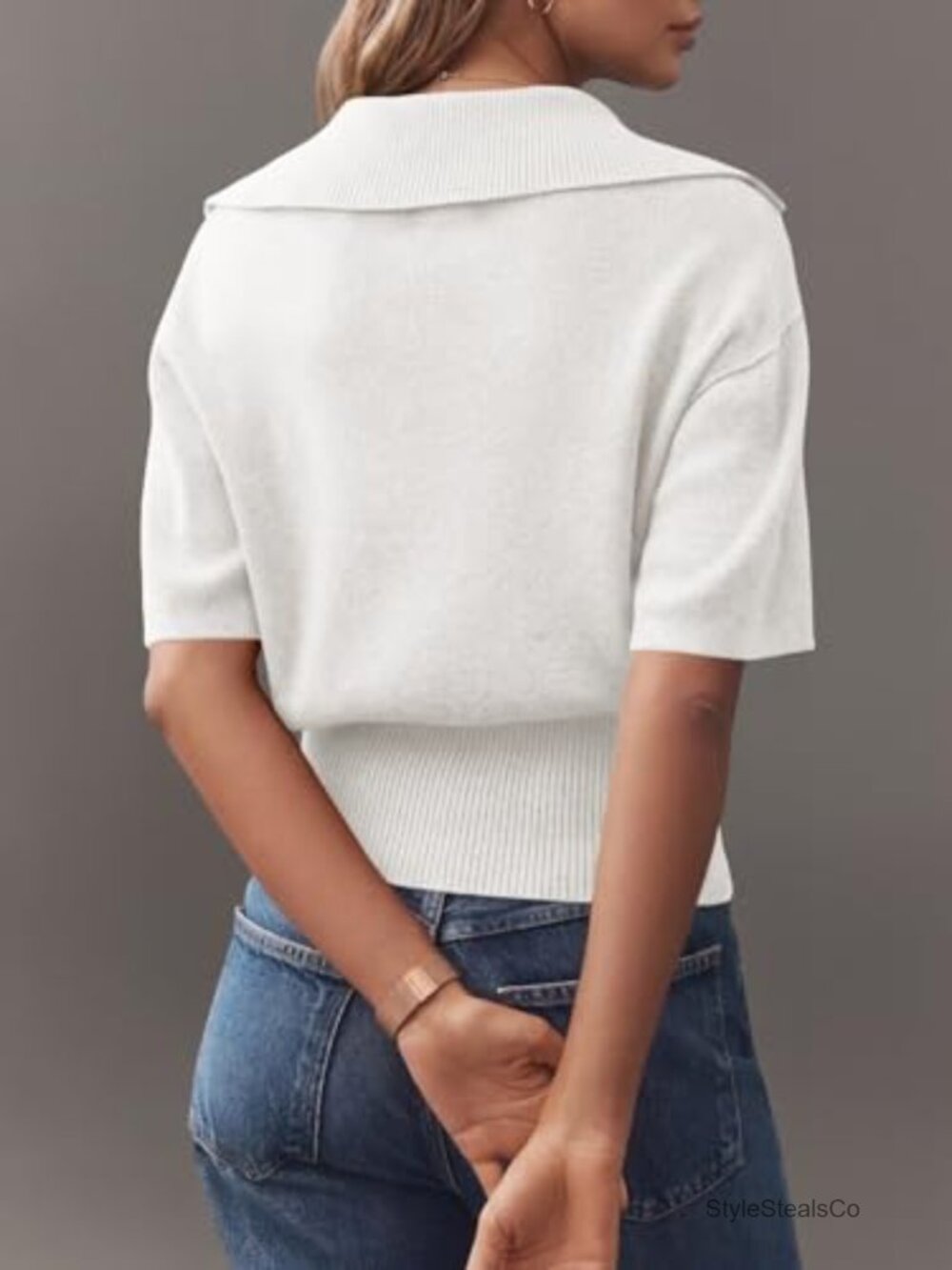 Polo Sweater Top Short Sleeve V-Neck Collared Ribbed Hem Women's - Picture 4 of 6